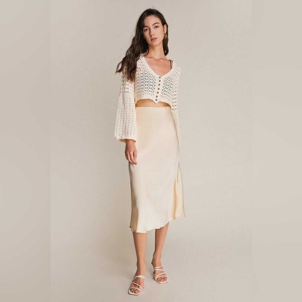 Ivory Satin High Rise A-Line Midi Skirt by J.Ing